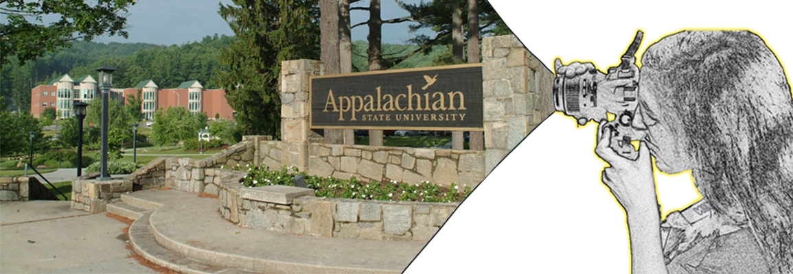 Hybrid graphic including photo of the entrance to App State University and a drawing of a person using a camera
